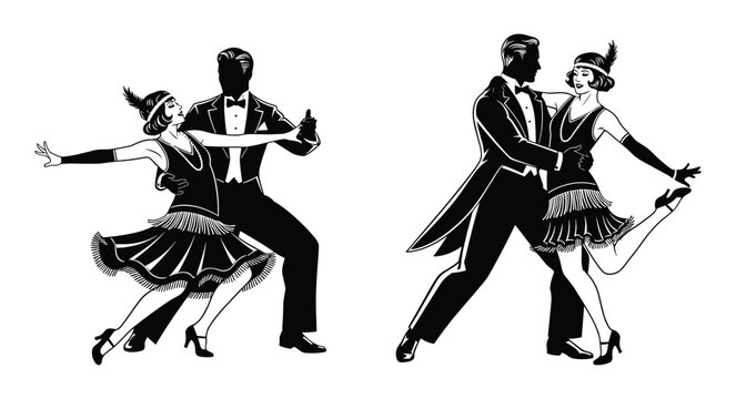 Two couples dancing the Charleston in 1920s attire black silhouette art deco black and white