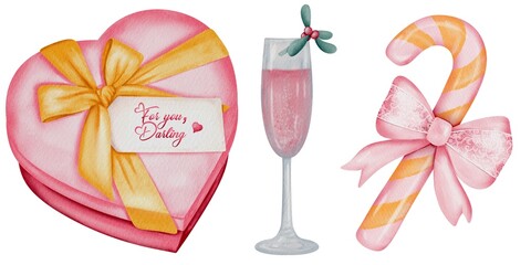 Soft watercolor clipart featuring a pink Christmas sweets, gifts and seasonal décor. Perfect for holiday cards, packaging design, and winter creative projects.