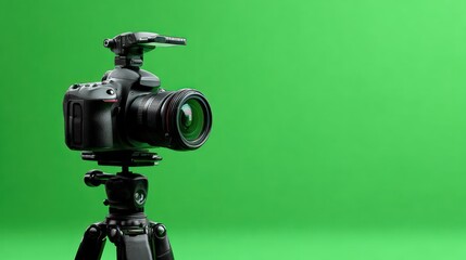 Professional DSLR Camera on Tripod with Green Screen