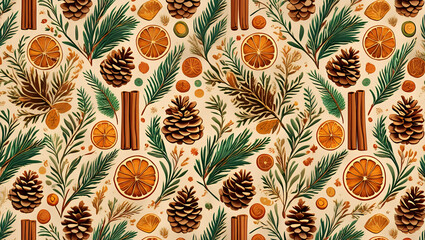 Cozy Watercolor Winter Holiday Seamless Pattern: Pine Cones, Dried Orange Slices, Cinnamon Sticks, and Evergreen Sprigs on a Light Background. Festive Natural Botanical Illustration for Wallpaper, Tex