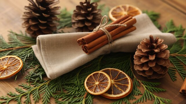 Rustic Christmas table decoration with cinnamon sticks, pine cones, dried orange slices, natural greenery, festive holiday setting, warm cozy atmosphere, eco-friendly winter decor on wooden background