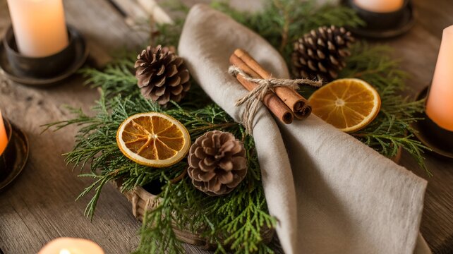 Rustic Christmas table decoration with cinnamon sticks, pine cones, dried orange slices, natural greenery, festive holiday setting, warm cozy atmosphere, eco-friendly winter decor on wooden background - Powered by Adobe