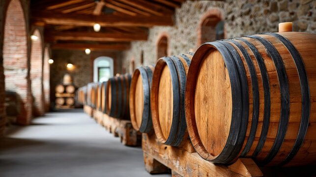 Wooden wine barrels aging in a rustic wine cellar