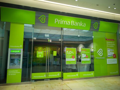 Bratislava, Slovakia - November, 16, 2025 : Prima banka Slovensko branch. Prima bank is the third largest bank on the market in Slovakia.