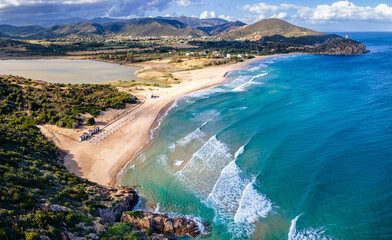 Aerial view of beaches near Chia Tower, Sardinia island © estivillml