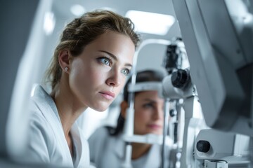 Patient Undergoes Computerized Eye Exam by Ophthalmologist