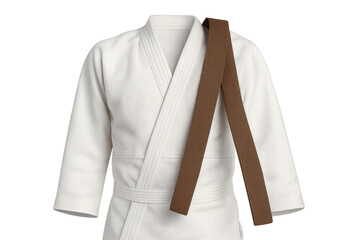 White judogi top with a brown belt across the shoulder, symbolizing dedication, discipline, and advancement in martial arts