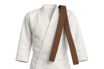 White judogi top with a brown belt across the shoulder, symbolizing dedication, discipline, and advancement in martial arts