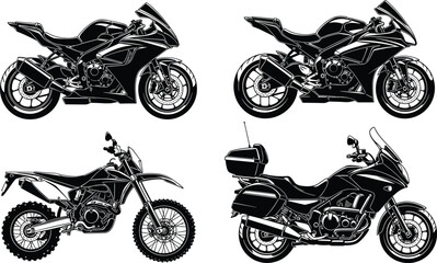 Detailed motorcycle silhouette collection featuring sport bike, dirt bike and touring motorbike illustrations, high quality vector design for automotive projects