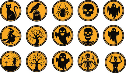 Halloween spooky icons collection with ghosts, skulls, witches, skeletons, creepy trees, black cat, zombie and horror symbols for design