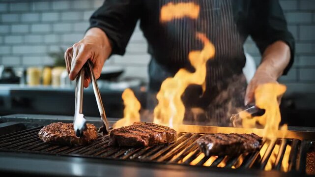 Chef grilling juicy steaks over an open flame in a professional kitchen setting