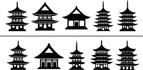 Asian temple and pagoda silhouette collection featuring traditional Japanese architecture, cultural buildings, historic structures, vector illustration set for design