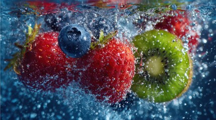 Fruits Splashing Water Slow Motion Strawberries Blueberries Kiwi