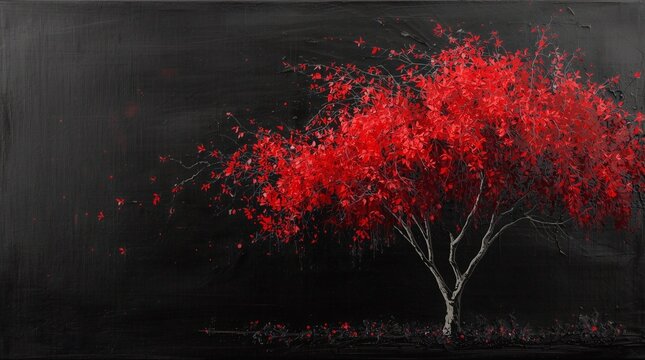 Minimalist black painting with a striking red tree, textured abstract artwork with vibrant leaves on dark background, modern contemporary art composition