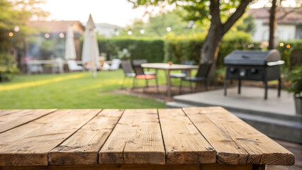 Wooden table background with free space and blurred garden barbecue setup