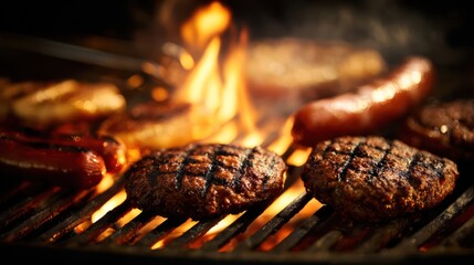 Hamburgers and hotdogs grilling over open flames