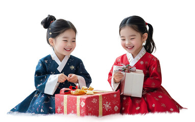 Excited kids in colorful hanbok unwrapping festive presents capturing happiness and cultural tradition isolated on transparent background PNG