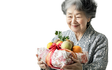 Elderly Korean woman presenting fruit in colorful bojagi wrapping as part of cultural tradition isolated on transparent background PNG