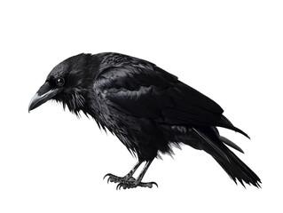 Obraz premium PNG of A majestic black raven perched gracefully, showcasing its glossy feathers and sharp beak against a dark background.