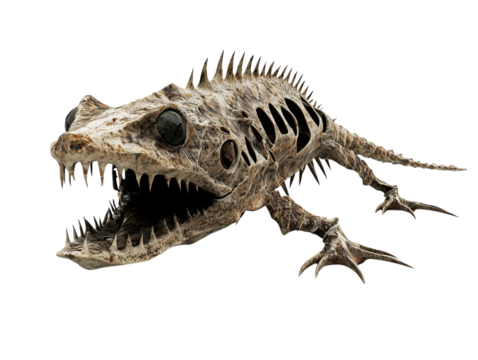 PNG of A detailed skeletal model of a reptilian creature showcasing intricate bone structures and sharp teeth.