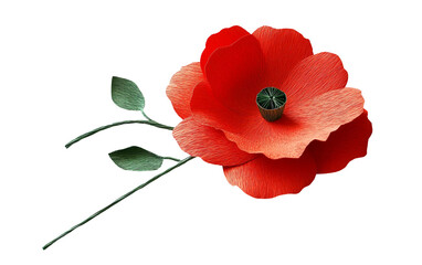 Red paper poppy craft with green stem showing a handmade floral decoration with delicate artistic detail isolated on transparent background PNG