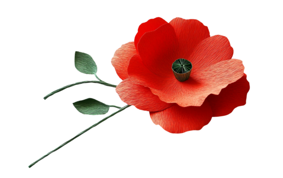 Red paper poppy craft with green stem showing a handmade floral decoration with delicate artistic detail isolated on transparent background PNG