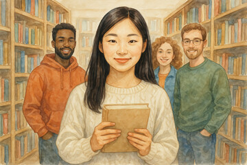Asian woman holding book in library surrounded by friends. concept of reading, friendship, cultural diversity, learning experience