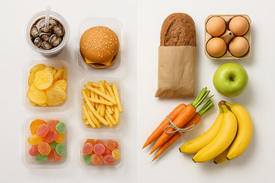 Comparison of fast food and organic produce with burgers, fries, soda, fresh fruits, vegetables, bread, and eggs. concept of healthy eating, nutritional choices, dietary contrast