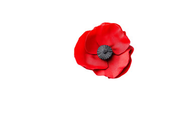 Red poppy attached to a lapel on a formal black coat creating a classic and elegant memorial symbol isolated on transparent background PNG