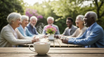 Group of diverse seniors enjoying outdoor coffee gathering at a picnic table with a steaming mug in foreground. concept of community bonding, friendship, leisure activity