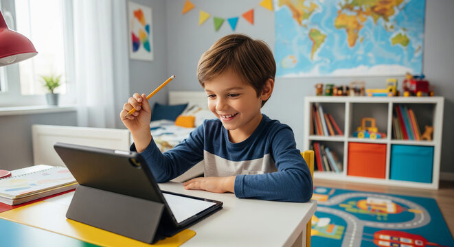 Young boy using tablet in colorful playroom filled with educational toys and decorations. concept of childhood learning, interactive technology, playful environment