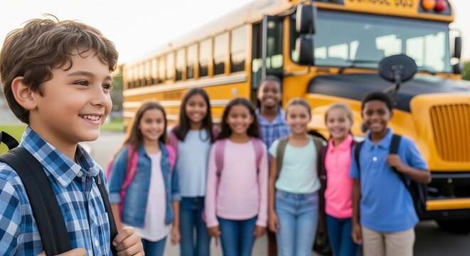 Group of diverse children smiling in front of school bus on a sunny day concept of education, friendship, back-to-school excitement - Powered by Adobe