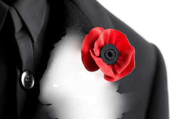 Formal attire featuring a black coat with a red poppy pinned on the lapel highlighting remembrance and tradition isolated on transparent background PNG