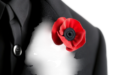 Formal attire featuring a black coat with a red poppy pinned on the lapel highlighting remembrance and tradition isolated on transparent background PNG