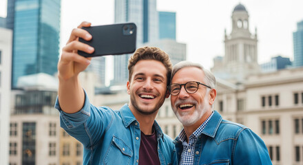 Young caucasian man and elderly man taking selfie in urban cityscape. concept of generational bonding, urban exploration, happy moments