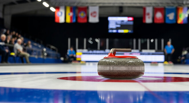 Curling match showcasing close-up of curling stone on ice rink with international flags in background. concept of winter sports, precision, teamwork