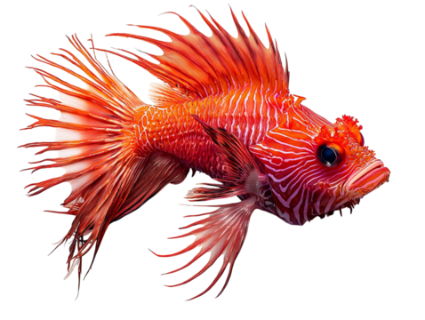 PNG of A vibrant red and white striped fish swimming gracefully with long, flowing fins.