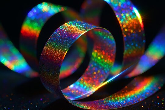 Sparkling rainbow ribbon against dark background with glitter and vibrant colors concept of festive decor, celebration, creative design