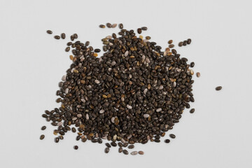 Chia seeds on a white background top view
