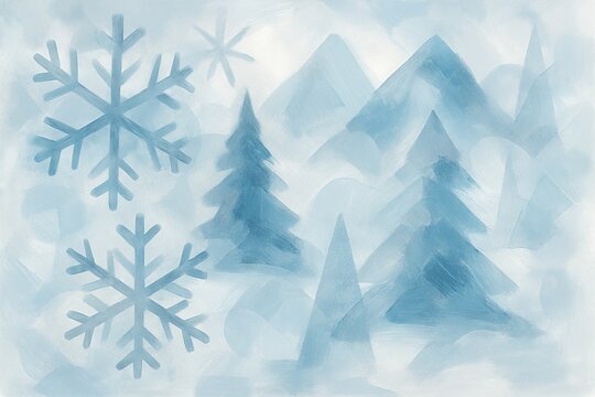Winter wonderland illustration with snowflakes and pine trees in scenic mountain landscape. concept of seasonal art, tranquil nature, holiday inspiration, background