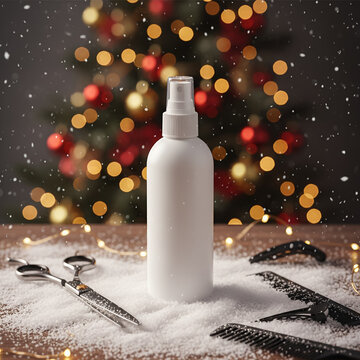 Holiday-themed haircare product mockup with snow, scissors, combs, and warm bokeh lights from a Christmas tree
