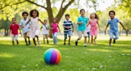 Group of diverse children running towards colorful beach ball on green grass in sunlit park. concept of childhood fun, outdoor play, group activity in nature