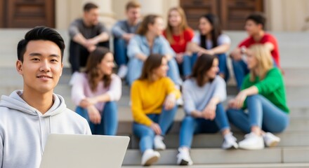 Asian male student with laptop sitting on university steps while diverse group of young adult students gathers in background. concept of education, student life, campus community
