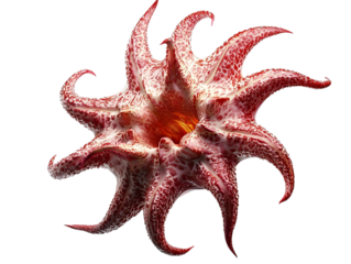 PNG of A vivid, abstract starfish with intricate patterns in shades of red and white, showcasing its unique, organic form.