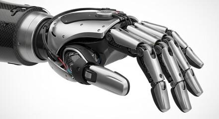 Futuristic robotic hand with mechanical fingers on white background. concept of advanced technology, innovation, artificial intelligence, modern machinery, white background
