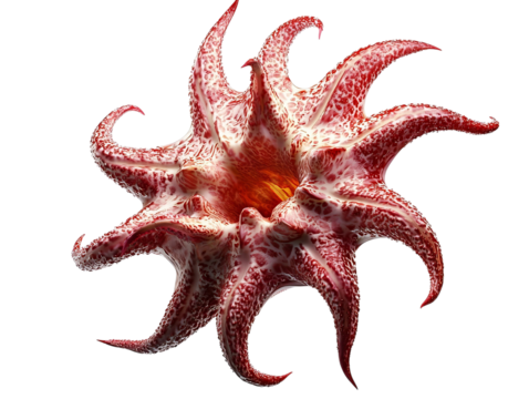 PNG of A vivid, abstract starfish with intricate patterns in shades of red and white, showcasing its unique, organic form.