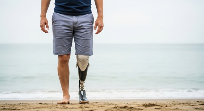 Young man with prosthetic leg walking on a serene ocean beach during a peaceful summer day. concept of overcoming adversity, resilience, beach stroll