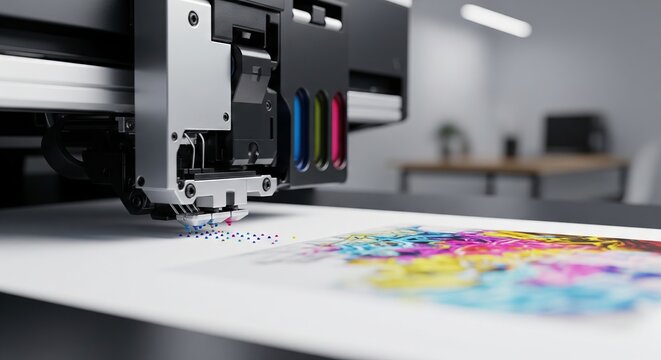 High-tech inkjet printer creating vibrant and colorful abstract art in a modern office environment. concept of digital printing technology, innovation, creative workspace