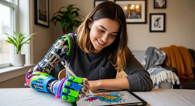 Young hispanic woman using advanced robotic arm to create digital art on tablet at home. concept of technology empowerment, creative expression, futuristic innovation