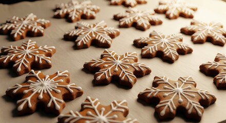 Homemade gingerbread cookies decorated with icing on baking sheet. concept of holiday baking, christmas treats, festive desserts